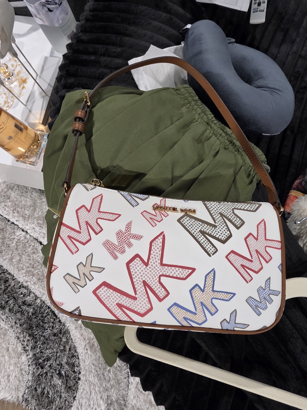 MICHAEL KORS White Multicolor MK Logo Shoulder Bag with Brown Trim